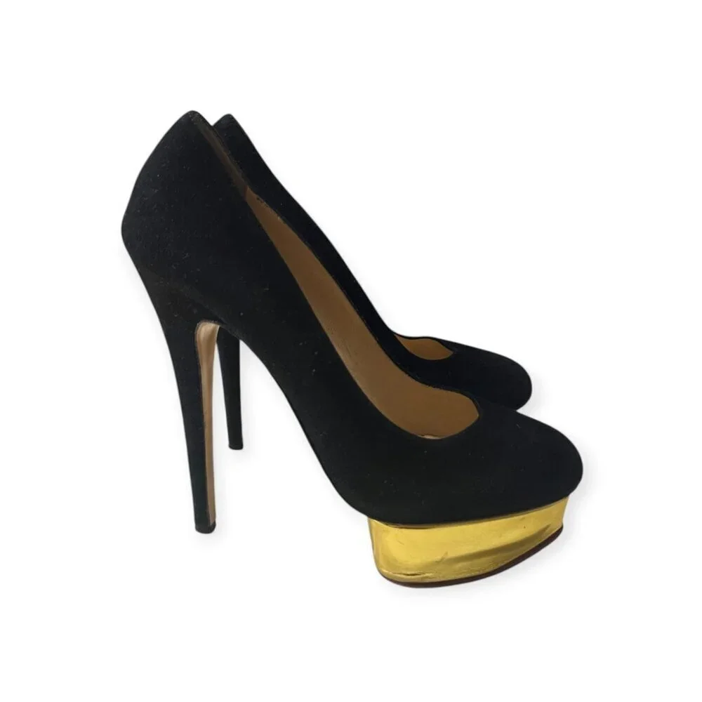 Charlotte Olympia Dolly Platform Pumps, Black Suede-Gold Leather, 38.5 EU
